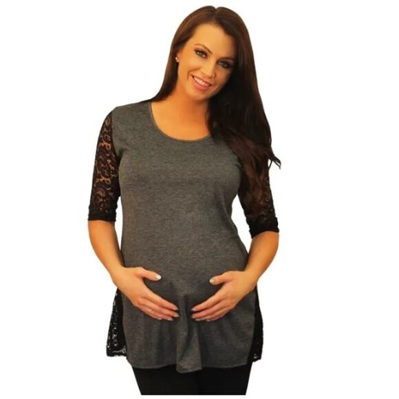 Dynabelly Round Neck Black Lace Sleeve Maternity Top Blouse Black Womens M NWT - Picture 1 of 13